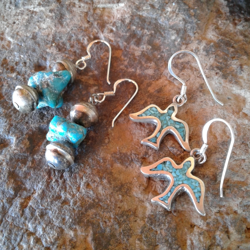 Sterling Silver Vintage TURQUOISE Set of 2 pairs of Earrings